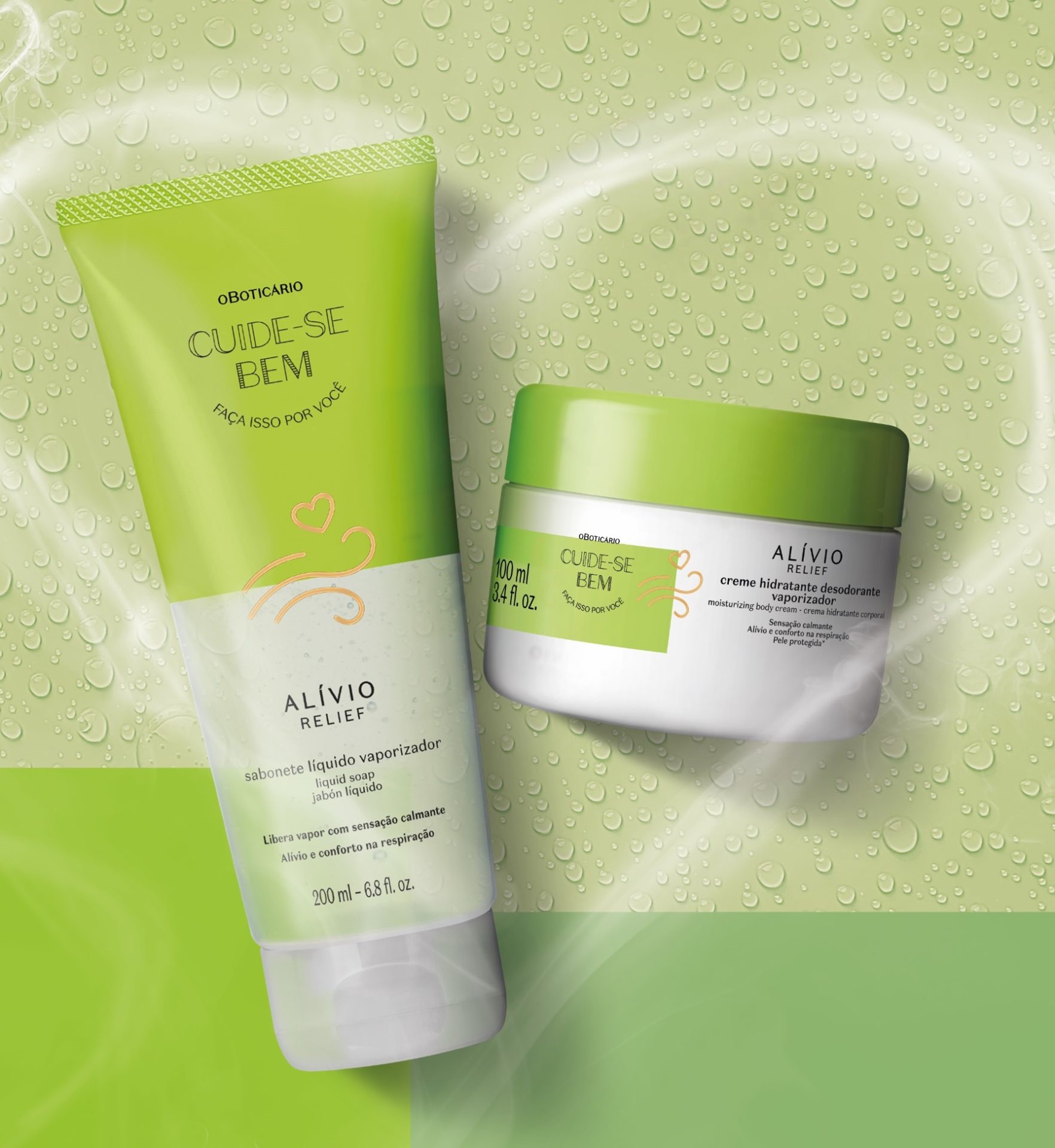 http://Imagem%20da%20linha%20Cuide-se%20Bem%20Alívio,%20de%20O%20Boticário.%20Dois%20frascos%20verde%20e%20branco