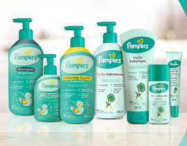 Nova linha de cuidados Pampers Baby Care em tons verde água, com 7 produtos. Uma parceria com a P&G e Grupo Boticário