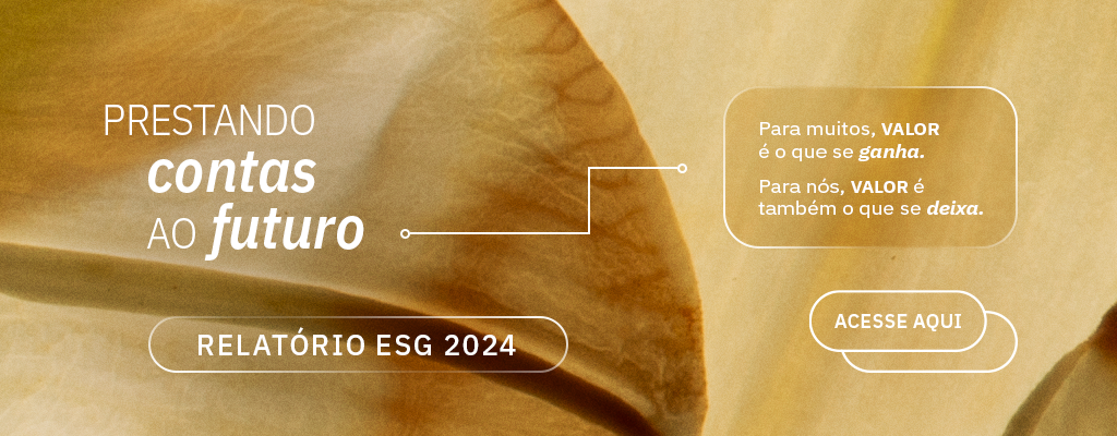 Banner do Relatório ESG 2024 com fundo em tons terrosos e textura de folha. À esquerda, a frase "Prestando contas ao futuro" em destaque. Ao centro, um botão com o texto "Relatório ESG 2024". À direita, uma caixa de texto diz: "Para muitos, VALOR é o que se ganha. Para nós, VALOR é também o que se deixa." Abaixo, um botão com o texto "ACESSE AQUI".
