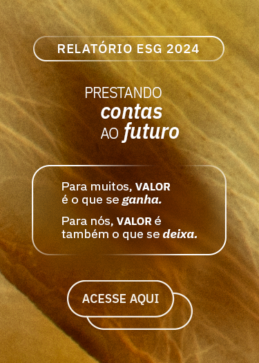 Banner do Relatório ESG 2024 com fundo em tons terrosos e textura de folha. À esquerda, a frase "Prestando contas ao futuro" em destaque. Ao centro, um botão com o texto "Relatório ESG 2024". À direita, uma caixa de texto diz: "Para muitos, VALOR é o que se ganha. Para nós, VALOR é também o que se deixa." Abaixo, um botão com o texto "ACESSE AQUI".
