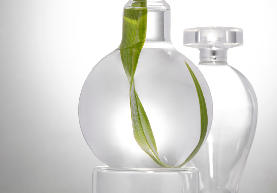 frascos de perfume com folhas dentro, fundo degradê cinza e branco.