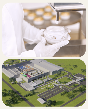 Produção de creme Lily e ilustração aérea da nova unidade fabril do Grupo Boticário.