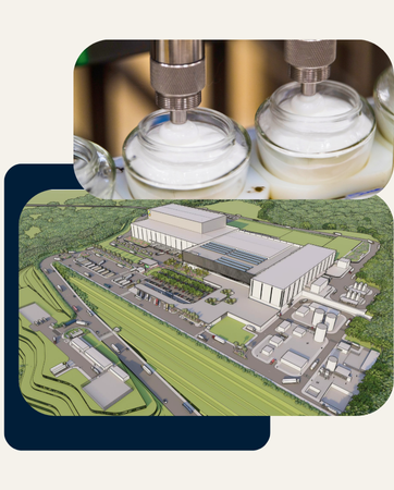 Produção de cosméticos e ilustração aérea da futura fábrica do Grupo Boticário em área verde.