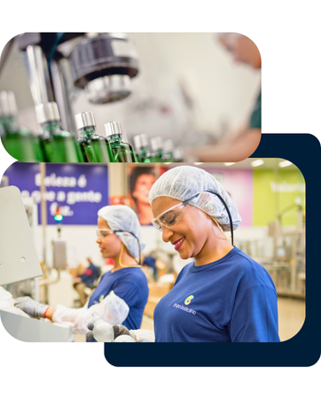 Funcionárias do Grupo Boticário em linha de produção, com frascos verdes e equipamentos industriais.