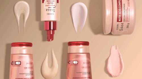 Produtos da linha Eudora Siàge com texturas de cremes e máscaras capilares expostas.