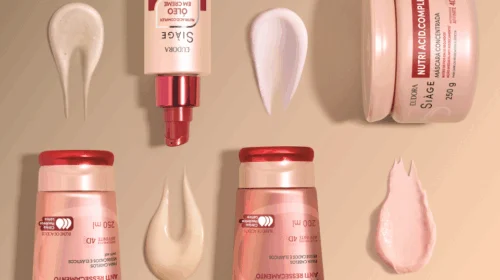 Produtos da linha Eudora Siàge com texturas de cremes e máscaras capilares expostas.