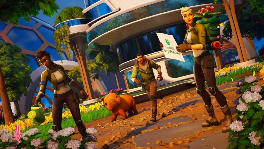 Personagens no Fortnite cuidam da natureza com regador, mapa e capivara ao lado.