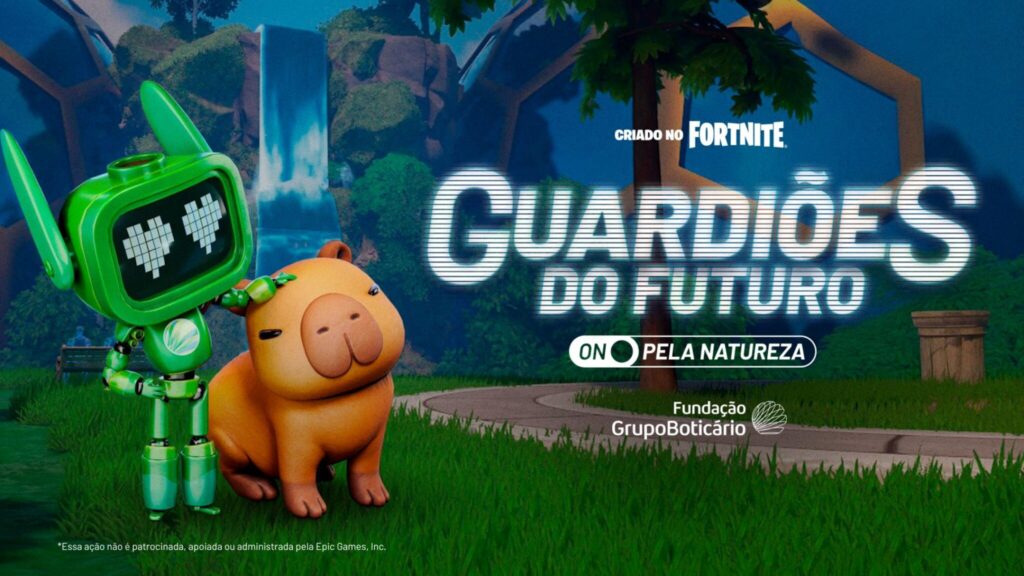 Personagem robô e capivara em cenário do Fortnite com título Guardiões do Futuro.