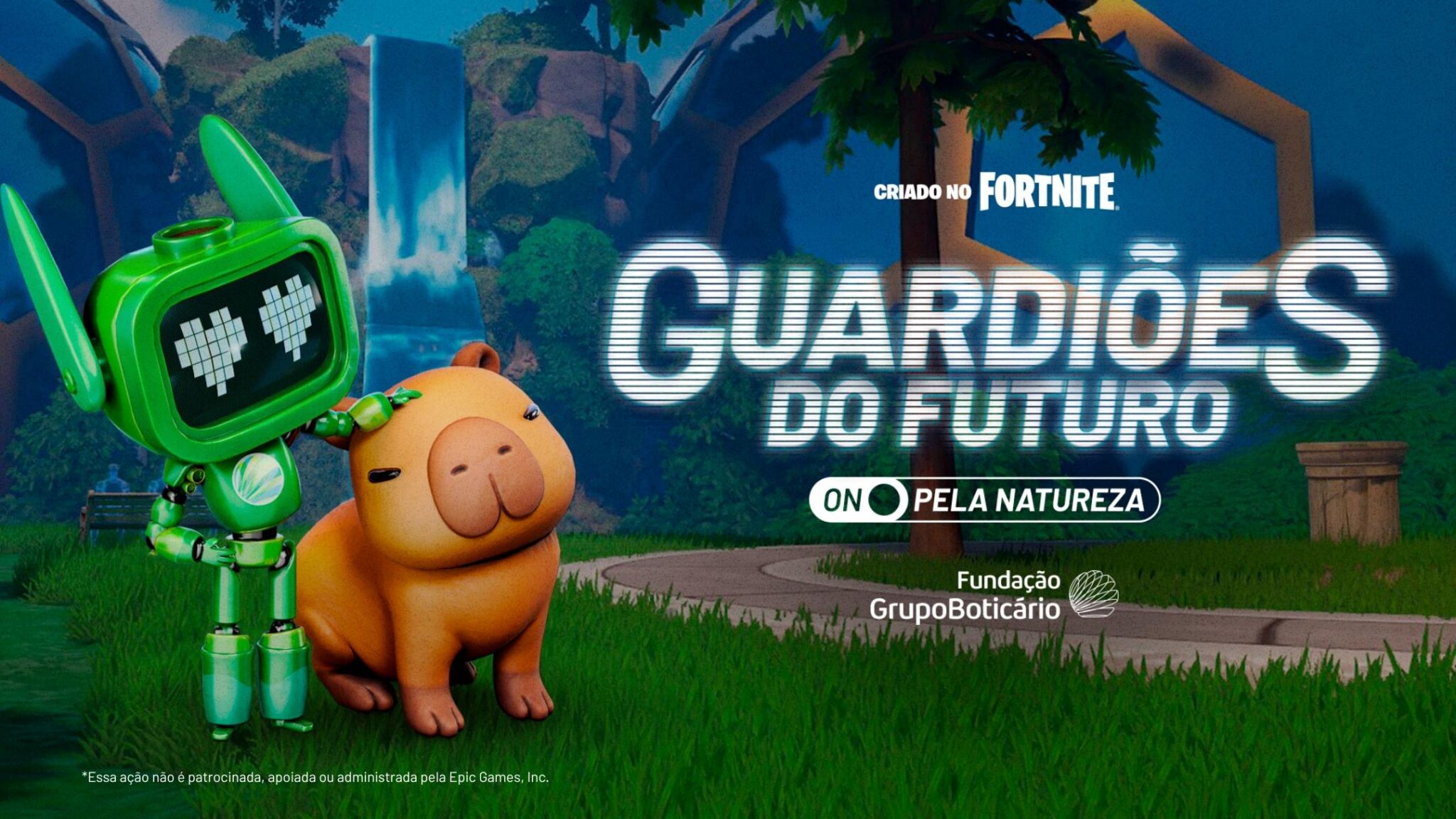 Personagem robô e capivara em cenário do Fortnite com título Guardiões do Futuro.