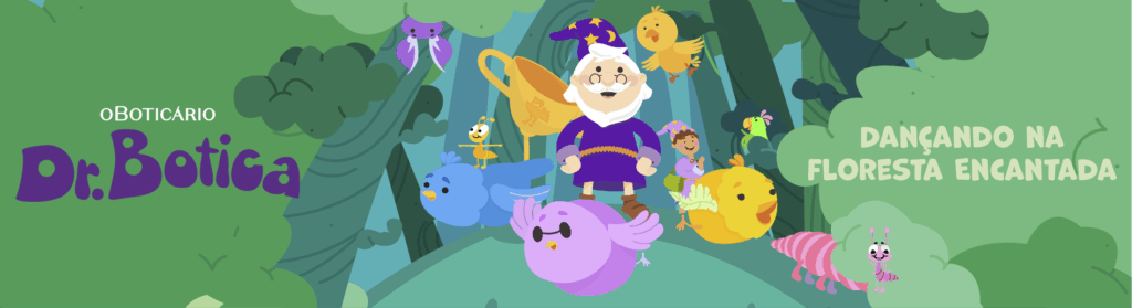 Dr. Botica e amigos na floresta encantada cercados por pássaros e criaturas mágicas.