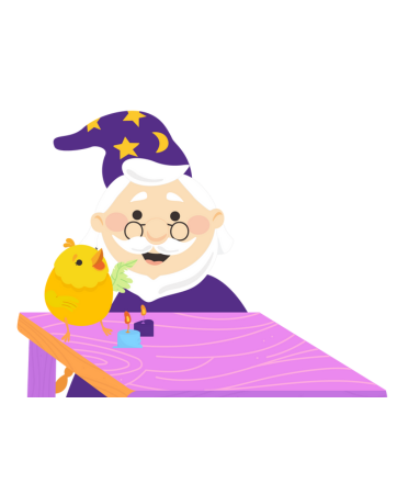 Desenho: Dr. Botica de chapéu estrelado sorri para pintinho amarelo em mesa com velas.