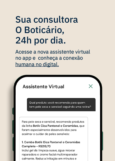 Mulher usando celular ao lado de tela que mostra a assistente virtual do O Boticário no app.
