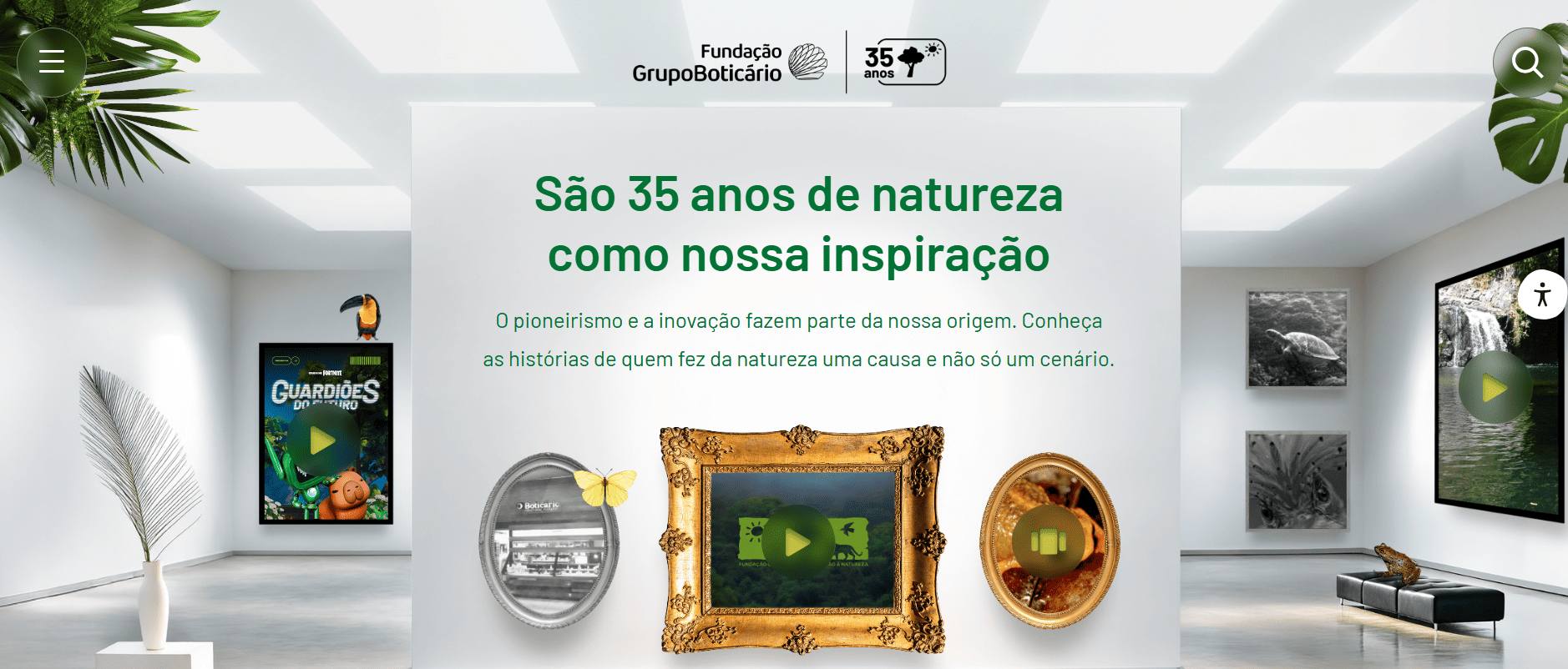 Galeria virtual celebra 35 anos da Fundação Grupo Boticário, com quadros da natureza e elementos interativos.