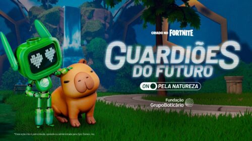Personagem robô e capivara em cenário do Fortnite com título Guardiões do Futuro.