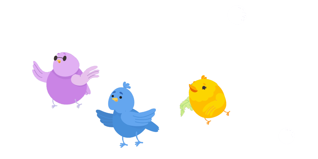 Desenho de três pássaros: um roxo de óculos, um azul e um pintinho amarelo com folha.