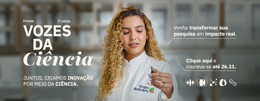 Banner "Prêmio Vozes da Ciência" com cientista em jaleco e chamada para inscrições até 26.11.