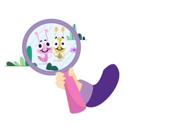 Mão segura espelho que reflete formigas de desenho animado, uma rosa e uma amarela.