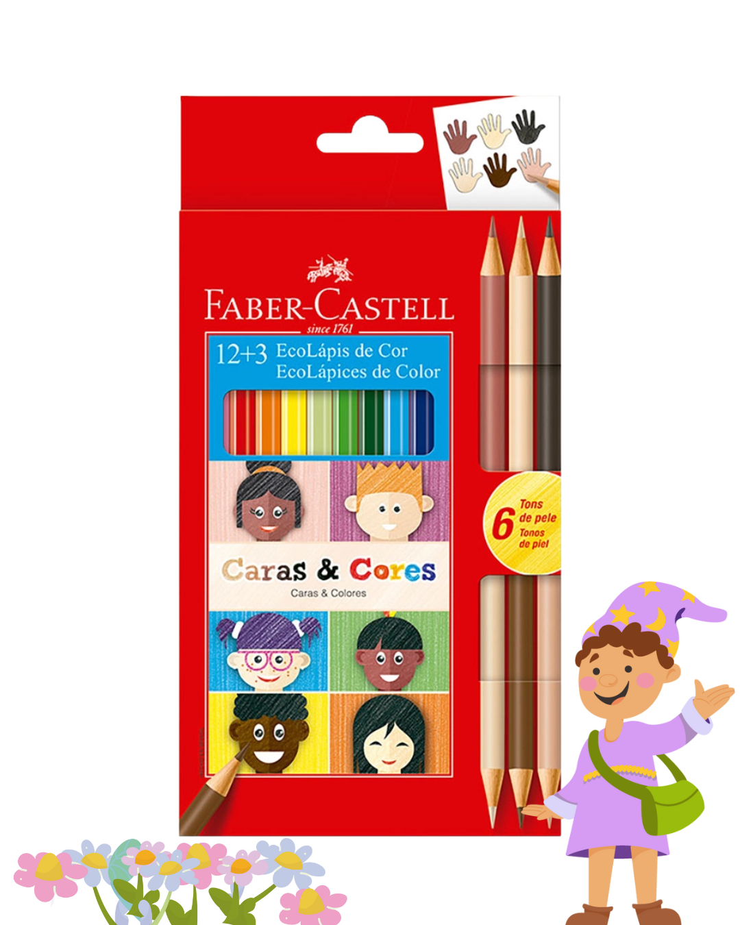 Embalagem Faber-Castell "Caras & Cores" com 6 tons de pele e ilustração do Dr. Botica.