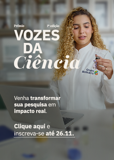 Banner "Prêmio Vozes da Ciência" com cientista em jaleco e chamada para inscrições até 26.11.