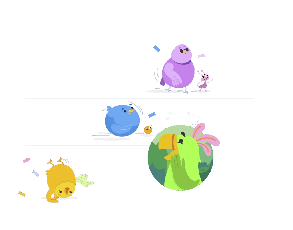 Desenho: Pássaros coloridos, um tucano e uma formiga rosa em uma cena divertida.