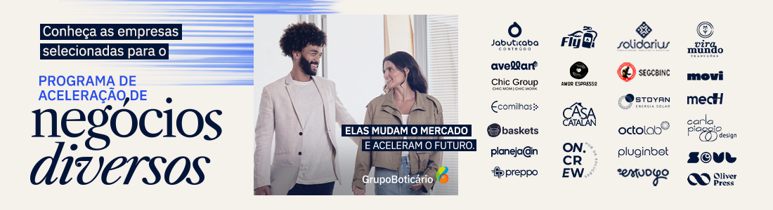 Banner do Programa de Aceleração de Negócios Diversos com logos das empresas selecionadas.