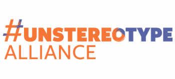 Na imagem, há a hashtag #Unstereotype Alliance nas cores roxa e laranja sobre fundo branco.
