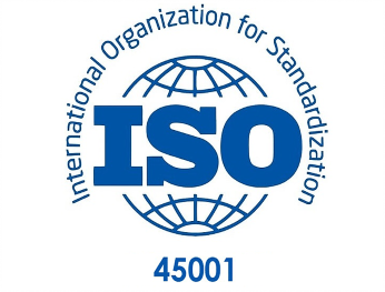 Na imagem, há a logomarca do selo de qualidade ISO 45001 sobre fundo branco.